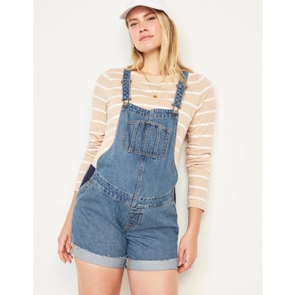 NWT Old Navy Maternity Side Panel Slouchy Denim Shortalls Overalls - Picture 1 of 9